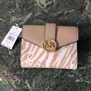 Michael Kors Carmen Bifold Wallet. Camel Color Leather And Animal Print Calf Fur
